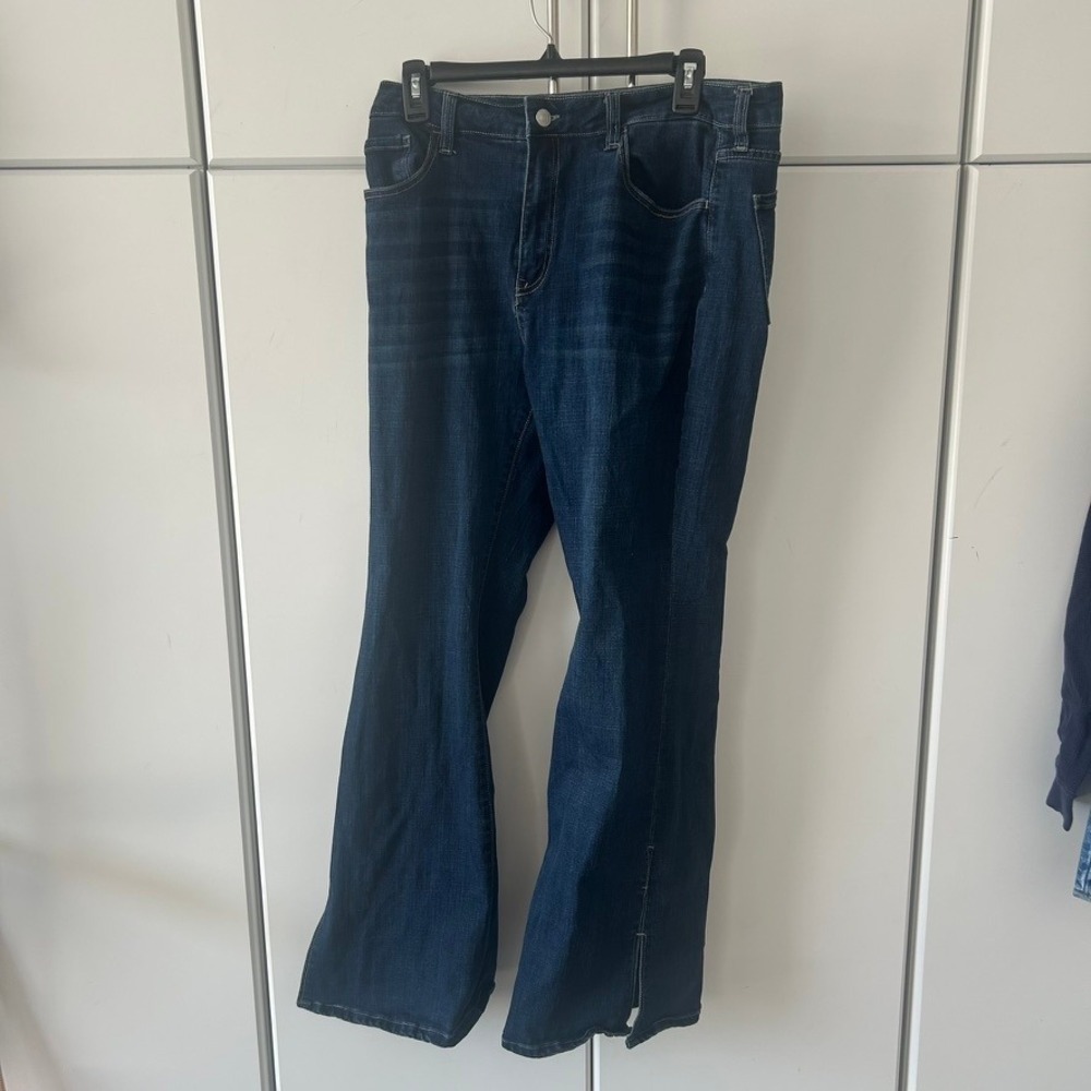 Blue Artemis Womens Flare Jeans Dark Wash Side Slit Hem High Rise Size 12